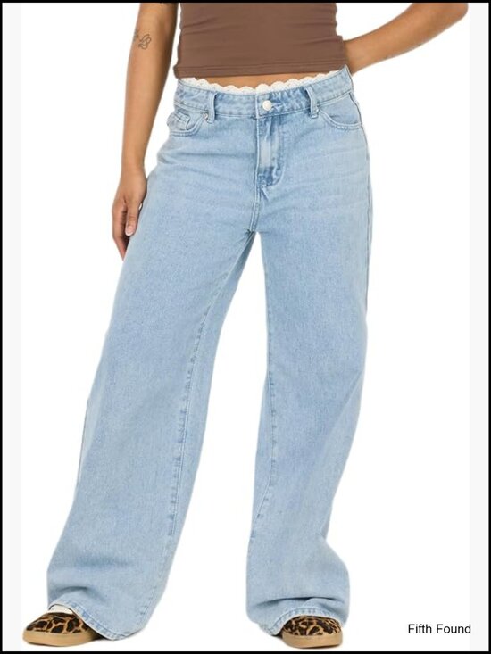 Denim - Wide Leg High Rise Jeans with Lace Trim Waistband